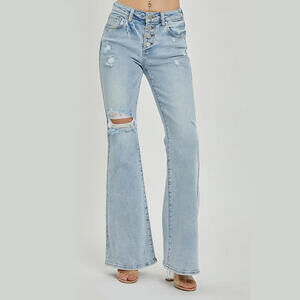 Risen Jeans Mid-Rise Button Down Flare Jeans Distressed Knee (SZ 11, 33" Inseam)